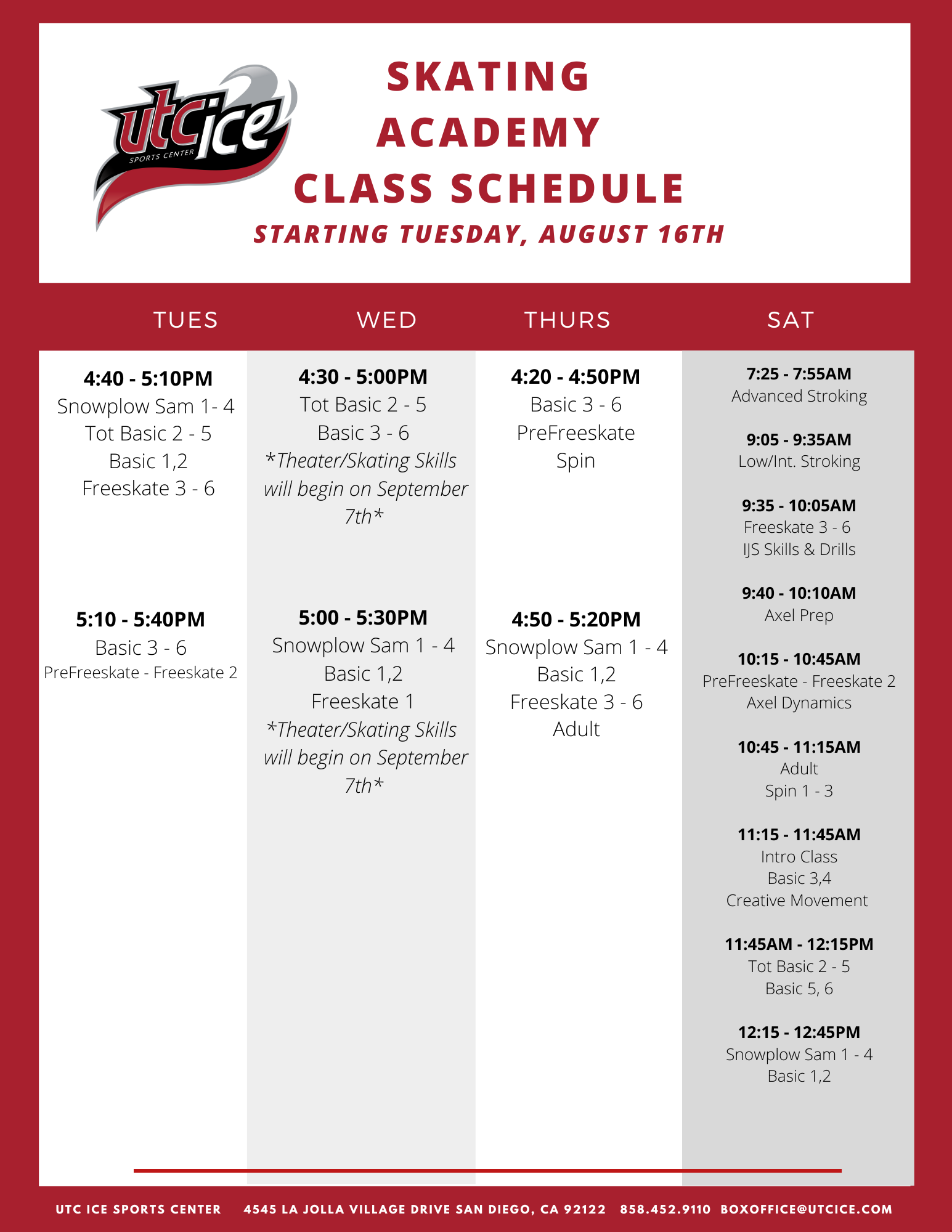 Skating Academy Schedule to utcice